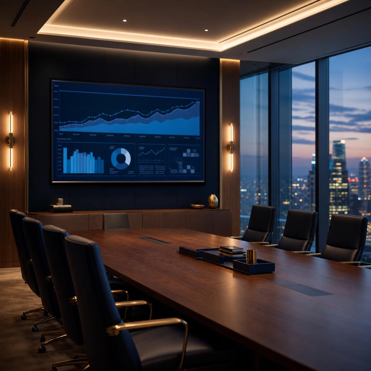 Executive boardroom in a healthcare headquarters with a large revenue cycle analytics dashboard